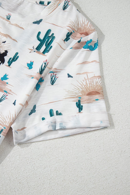 Beige Western Cactus Print Crew Neck Short Sleeve Top