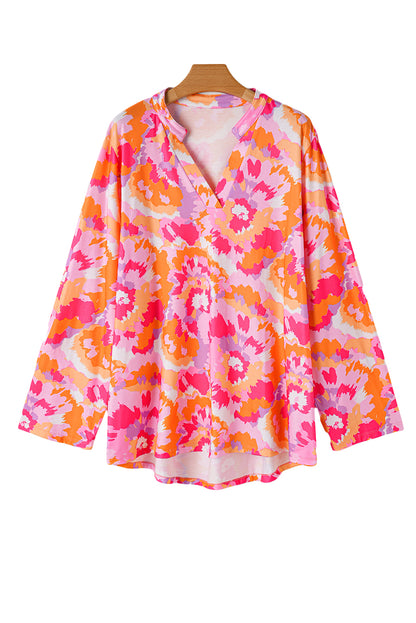 Pink Plus Size Abstract Floral Print V Neck Blouse