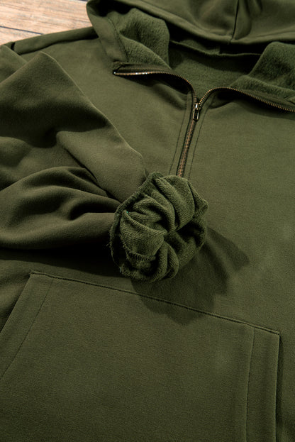 Bonbon Fleece Lined Half Zipper Kangaroo Pockets Loose Hoodie