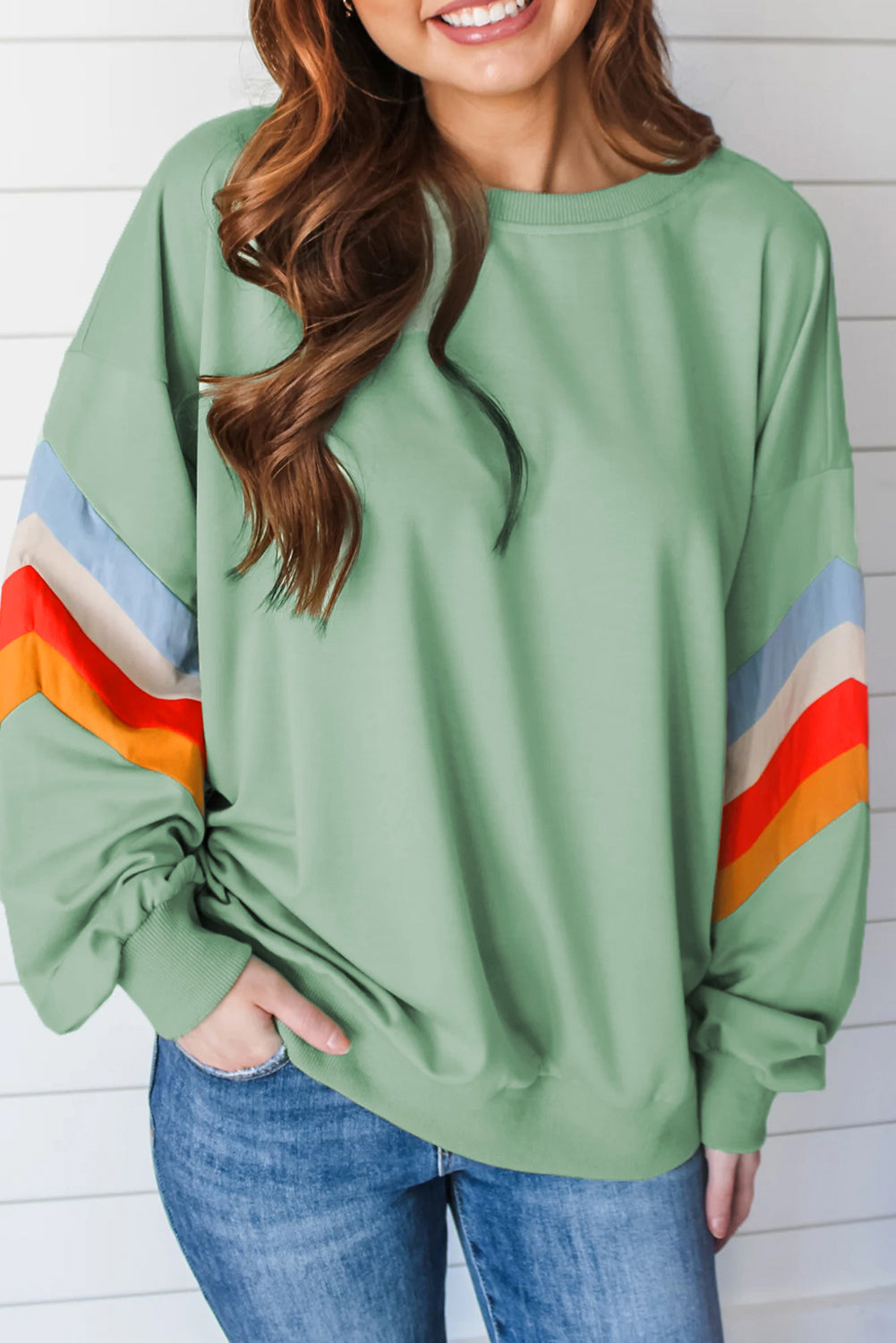 Flamingo Rainbow Striped Sleeve Crew Neck Loose Sweatshirt