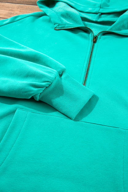 Bonbon Fleece Lined Half Zipper Kangaroo Pockets Loose Hoodie