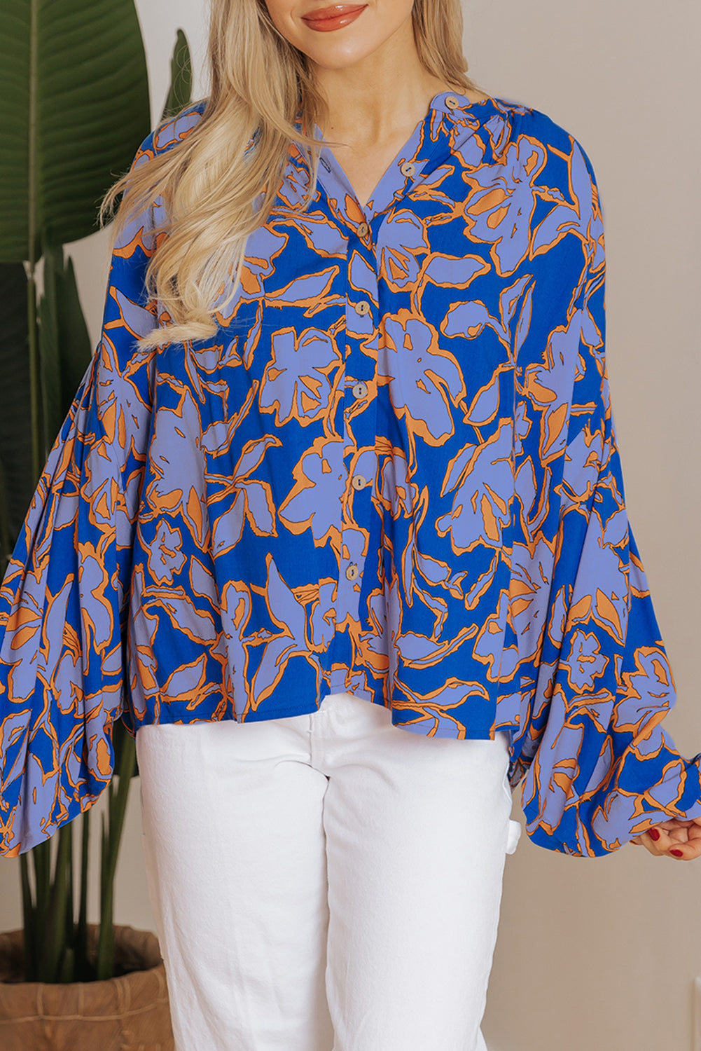 Pink Floral Print Batwing Sleeve Buttoned Loose Fit Shirt