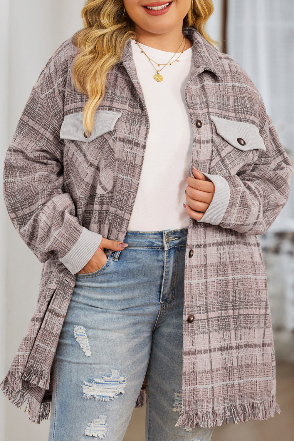 Pink Plus Size Macrame Plaid Coat