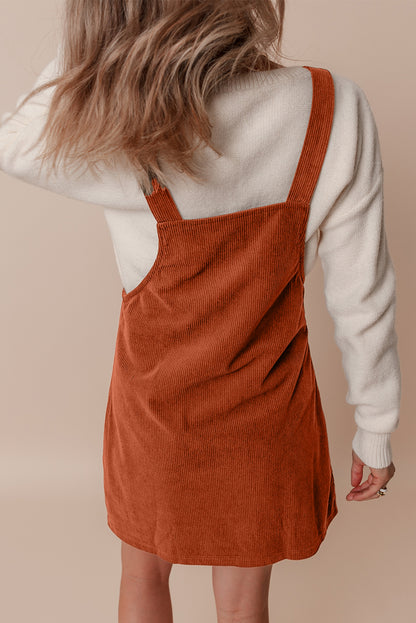 Black Solid Front Pockets Sleeveless Corduroy Overall Dress