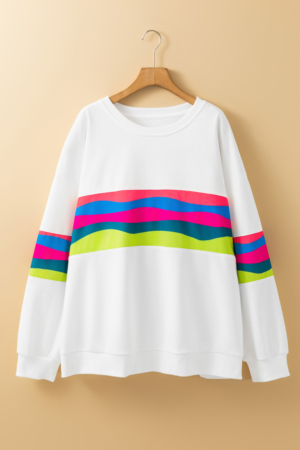 White Plus Size Colorful Striped Drop Shoulder Loose Sweatshirt