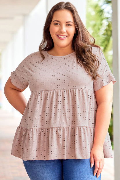 Pink Plus Size Eyelet Pattern Ruffle Sleeve Babydoll Top