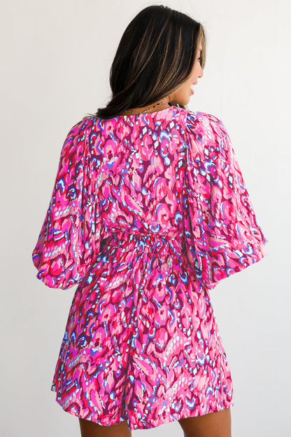 Green Abstract Print Puff Sleeve V Neck High Waist Romper