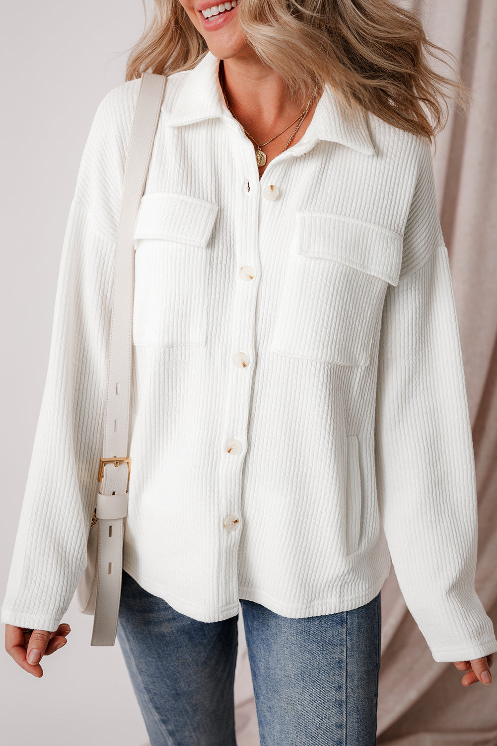 Black Solid Color Corduroy Buttoned Long Sleeve Shacket