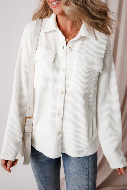 Black Solid Color Corduroy Buttoned Long Sleeve Shacket