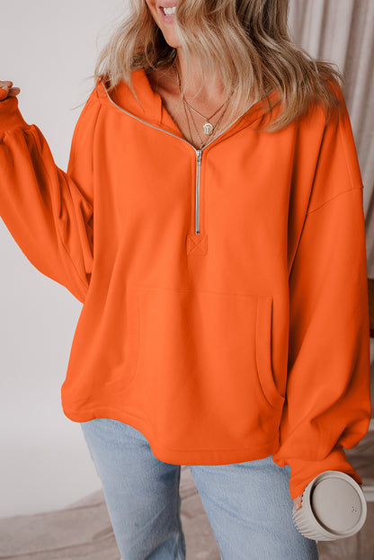 Bonbon Fleece Lined Half Zipper Kangaroo Pockets Loose Hoodie