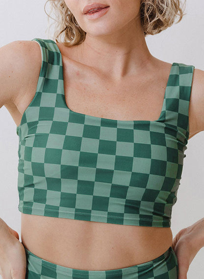 Green Checkered Print Square Neck Cropped Swim Top