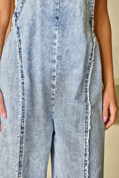 Dark Grey Light Wash Frayed Exposed Seam Wide Leg Denim Overall