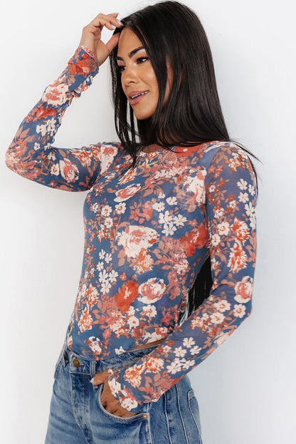 Black Floral Print Mesh Fitted Long Sleeve Top