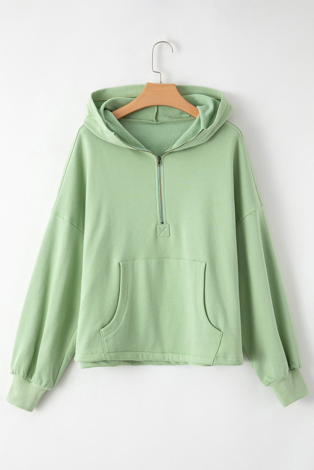Bonbon Fleece Lined Half Zipper Kangaroo Pockets Loose Hoodie