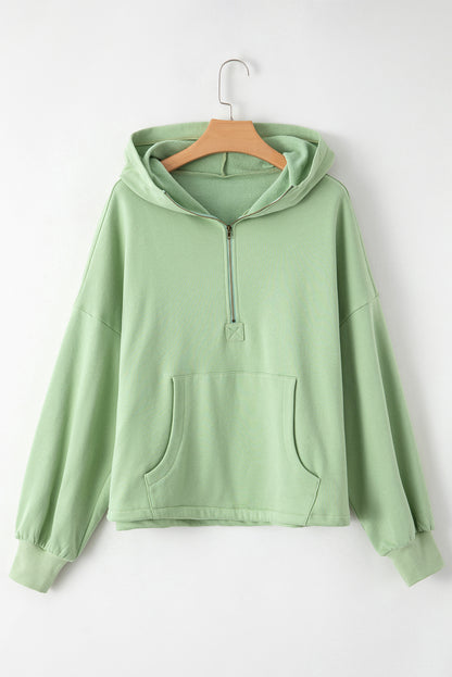 Bonbon Fleece Lined Half Zipper Kangaroo Pockets Loose Hoodie