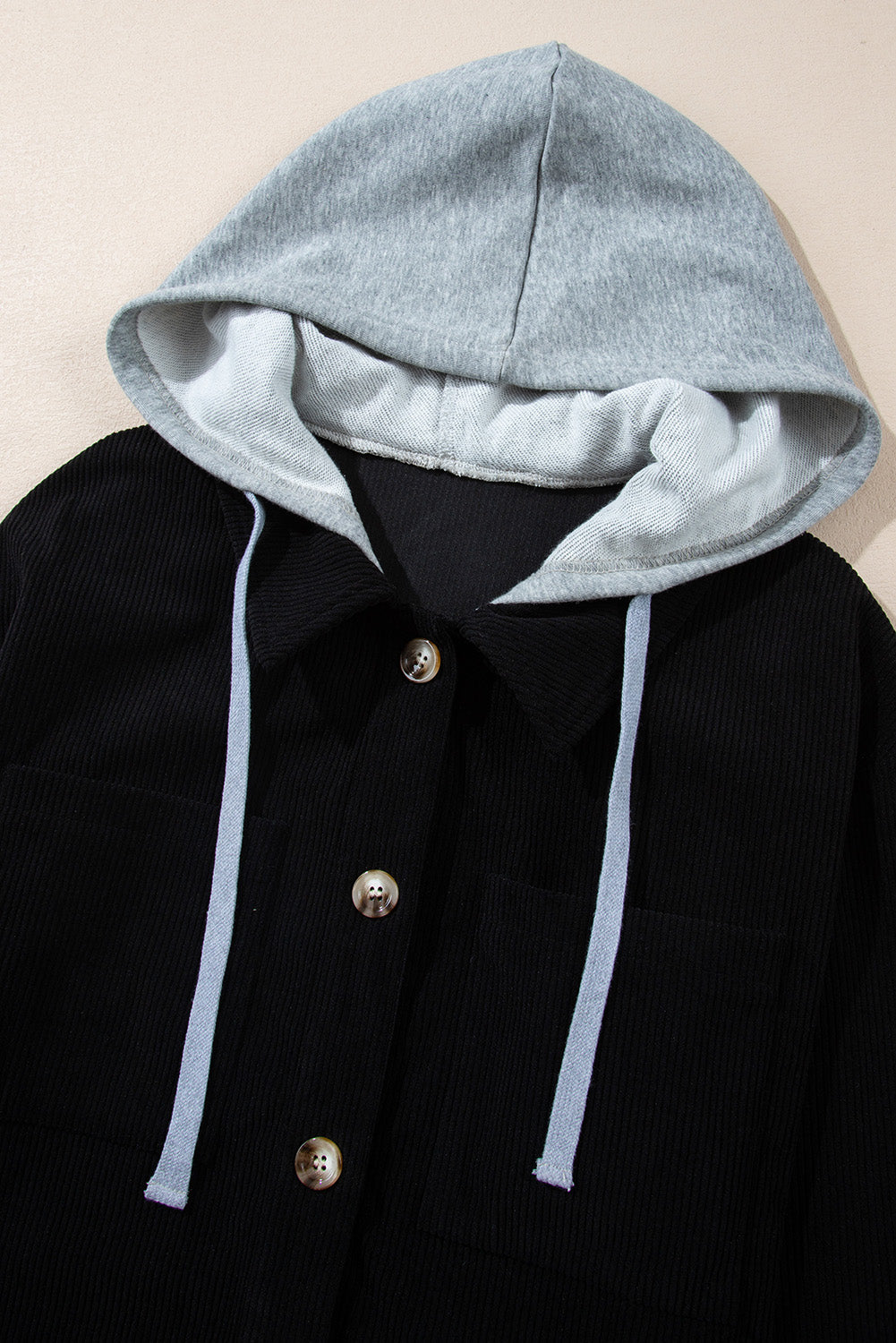 Pale Khaki Hooded Drawstring Pockets Corduroy Shacket