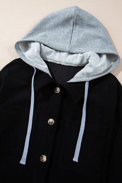 Pale Khaki Hooded Drawstring Pockets Corduroy Shacket