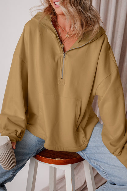 Bonbon Fleece Lined Half Zipper Kangaroo Pockets Loose Hoodie