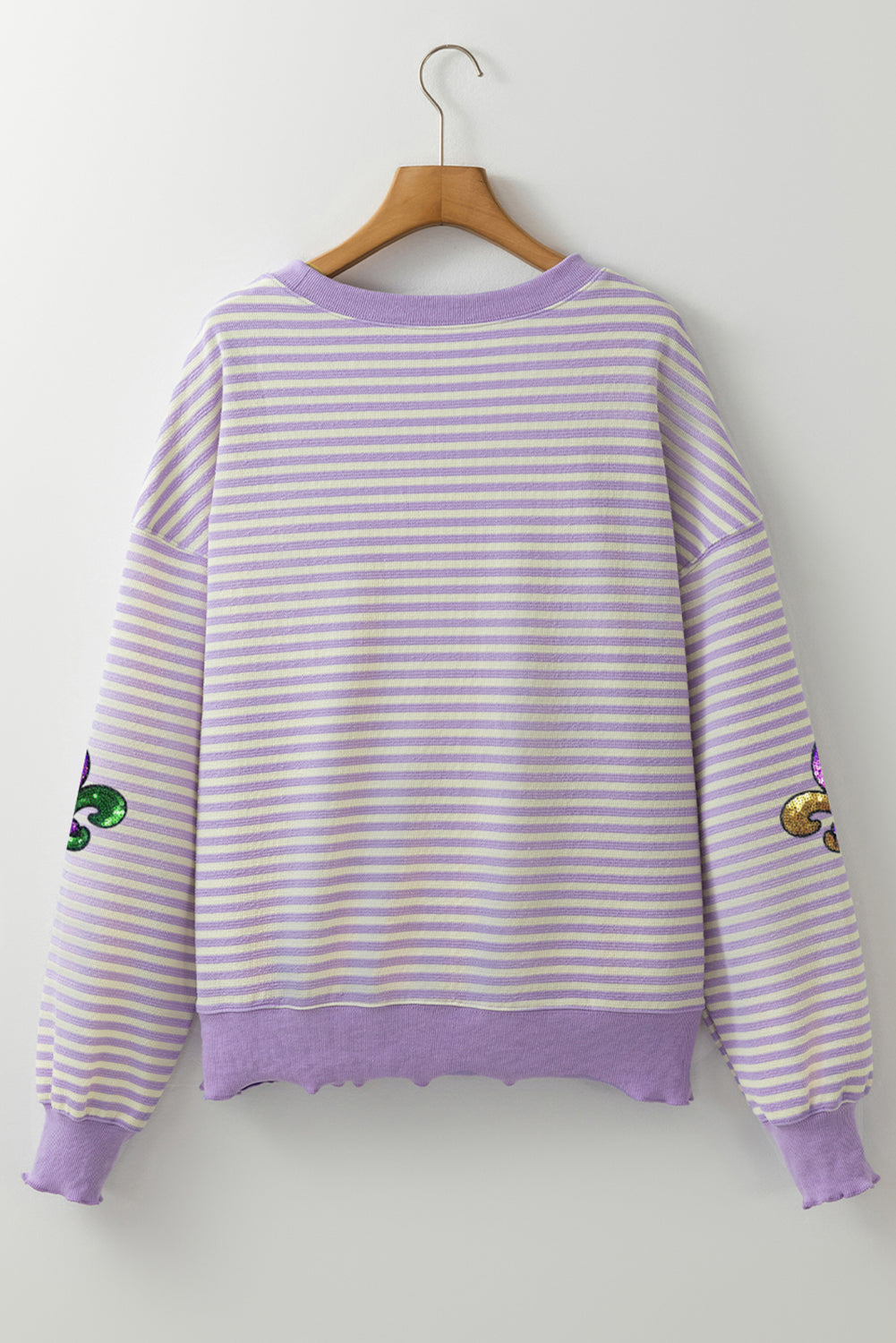 Purple Stripe Sequin Fleur De Lis Patched Drop Shoulder Long Sleeve Top