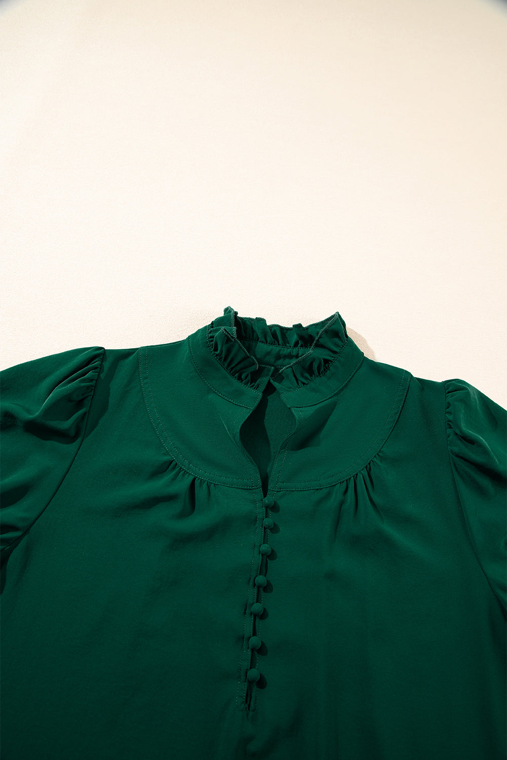 Green Stripe Plaid Puff Sleeve Frilled Trim Elegant Blouse