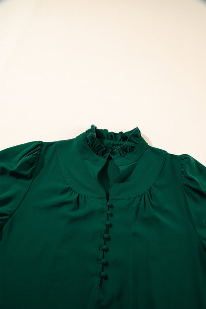Green Stripe Plaid Puff Sleeve Frilled Trim Elegant Blouse