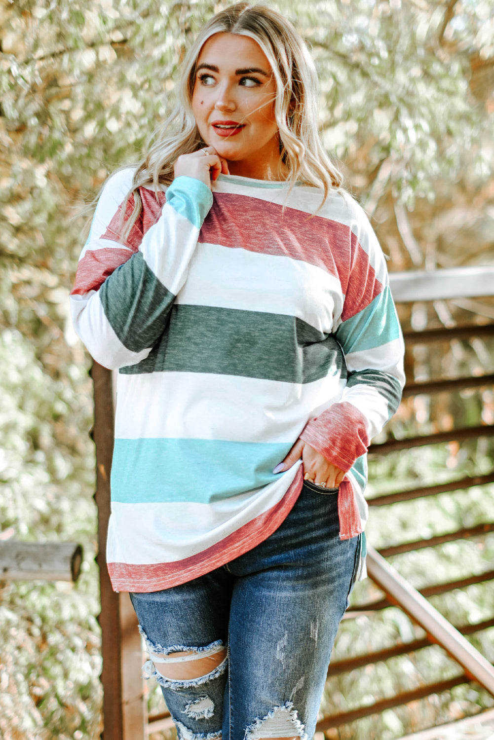 Green Stripe Plus Size Colorblock Pullover Top