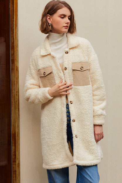 Khaki Contrast Flap Pocket Single Breasted Teddy Coat