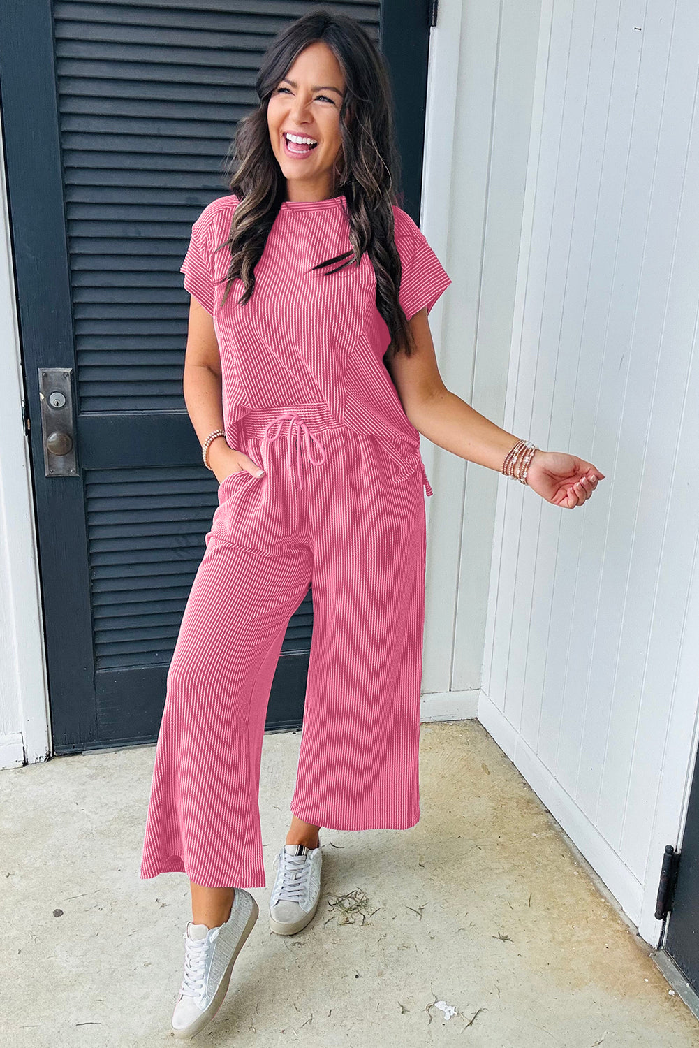 Wild Wind Solid Corded Knit Short Sleeve T Shirt and Wide Leg Pants Set
