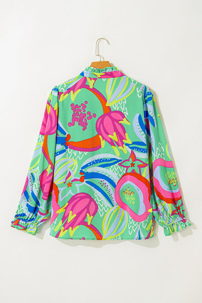 Green Abstract Printed Flounce Sleeve V Neck Buttoned Plus Size Blouse