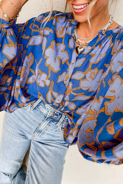 Pink Floral Print Batwing Sleeve Buttoned Loose Fit Shirt