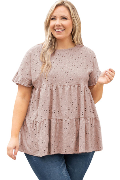 Pink Plus Size Eyelet Pattern Ruffle Sleeve Babydoll Top