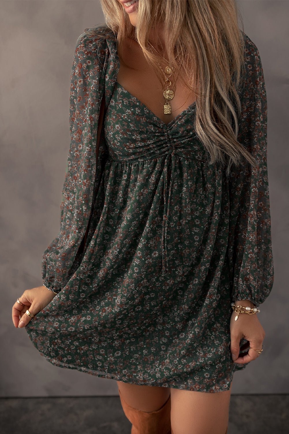 Red Floral Print Sweetheart Neck Shirred Back Mini Dress