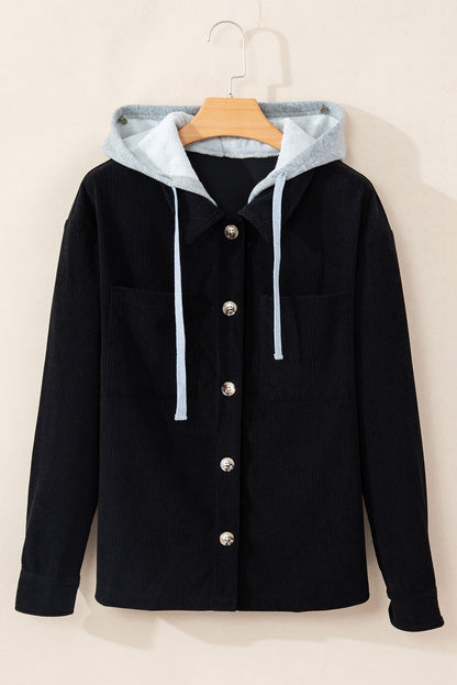 Pale Khaki Hooded Drawstring Pockets Corduroy Shacket