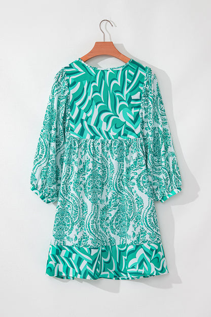 Orange Bohemian Print Puff Sleeve Tied V Neck Flared Mini Dress