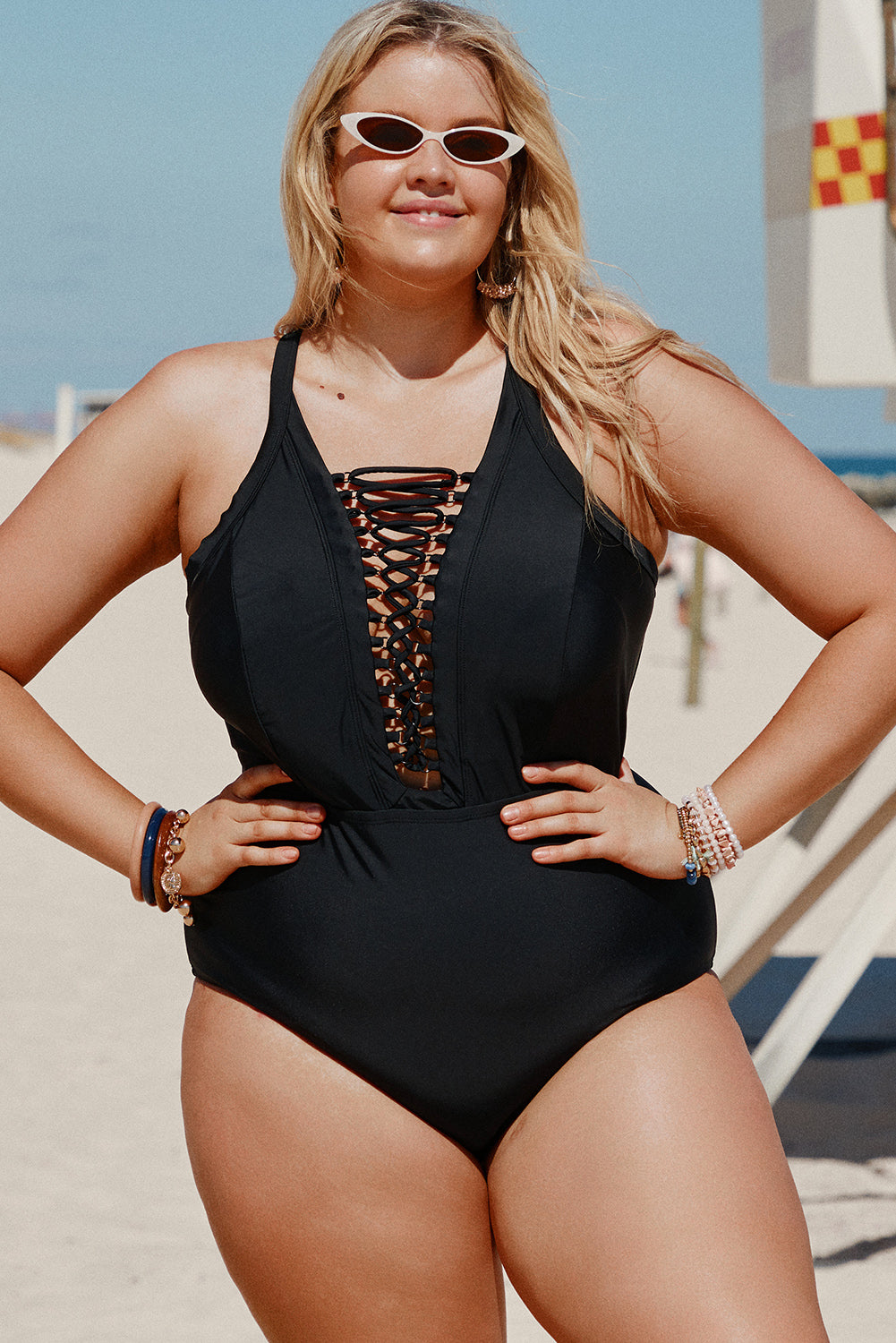 Solid Black Crisscross Plunge V Neck Plus Maillot Swimwear