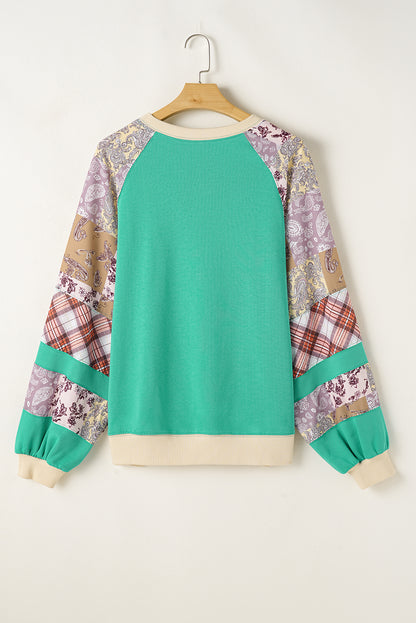 Sky Blue Plus Size Plaid Floral Patchwork Raglan Sleeve Sweatshirt