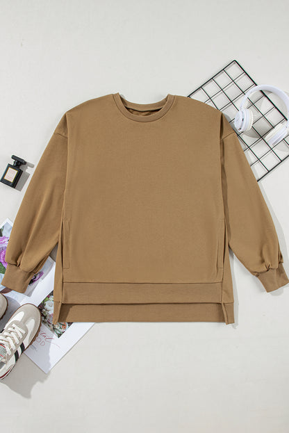 Parchment Solid O Neck High Low Hem Pullover Sweatshirt