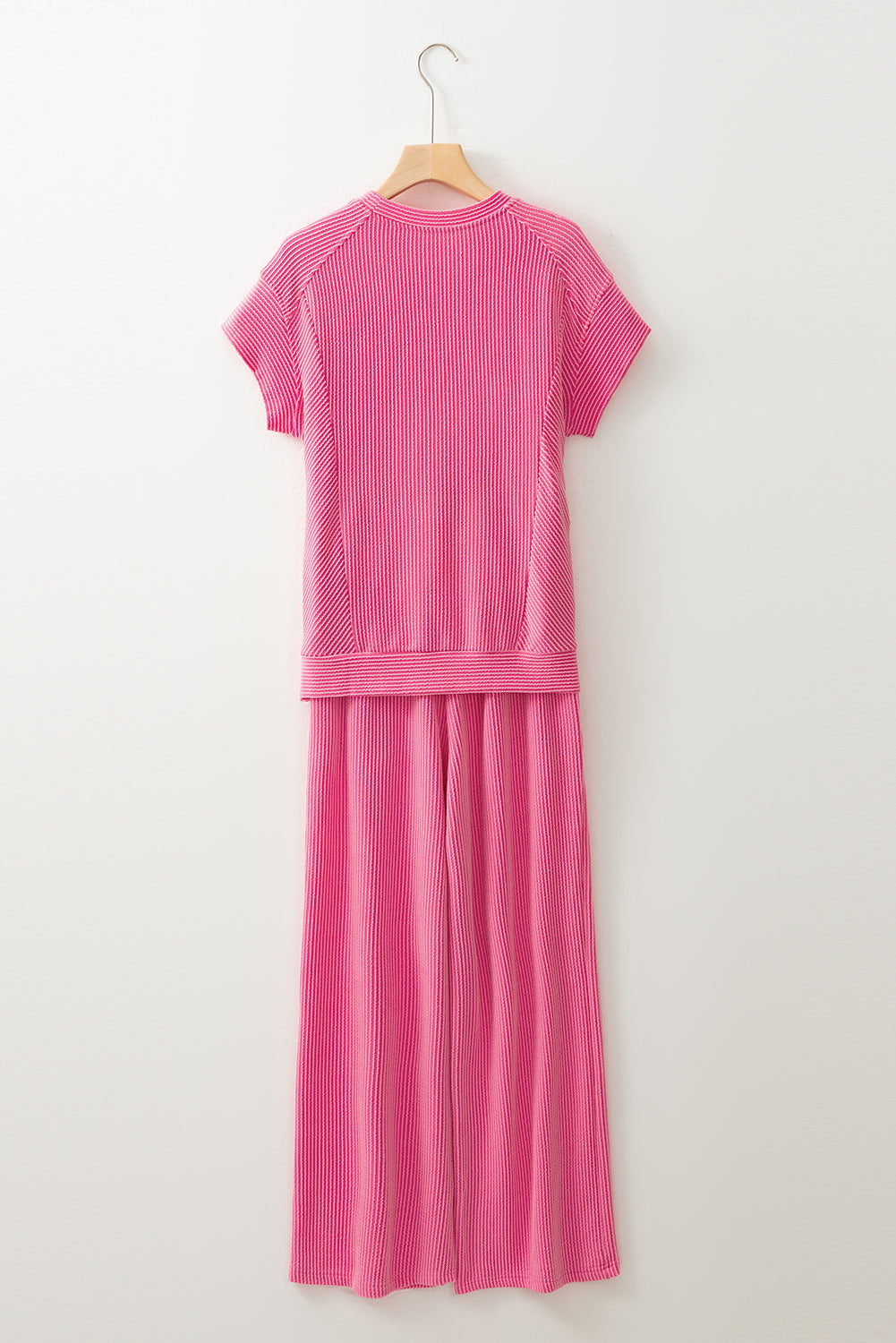 Wild Wind Solid Corded Knit Short Sleeve T Shirt and Wide Leg Pants Set