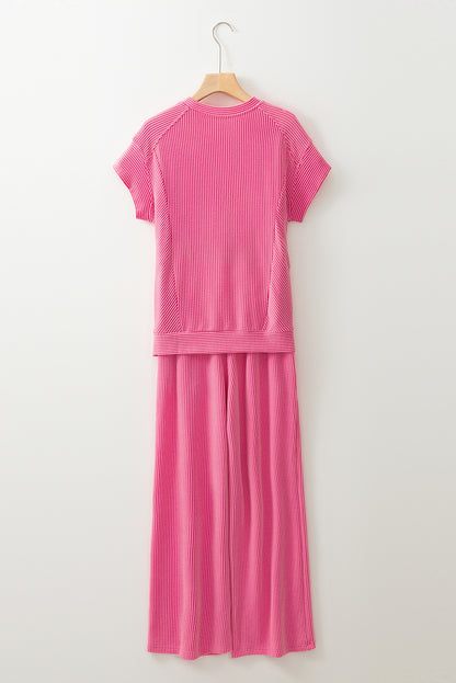 Wild Wind Solid Corded Knit Short Sleeve T Shirt and Wide Leg Pants Set