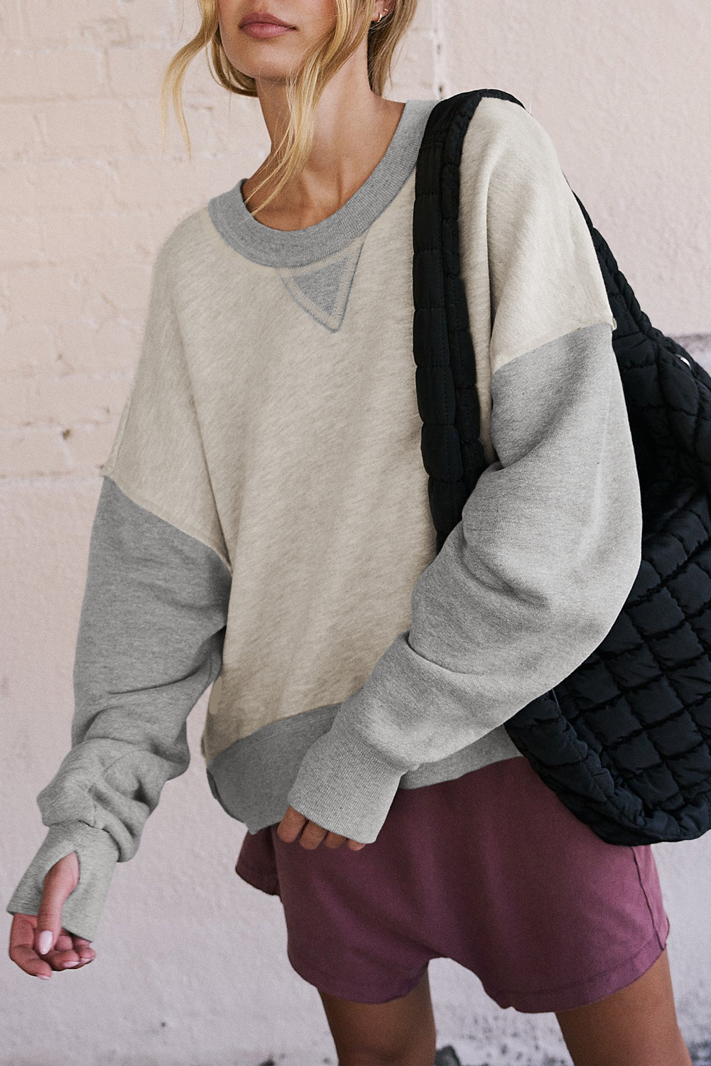 Parchment Color Block Thumbhole Sleeve Drop Shoulder Sweatshirt