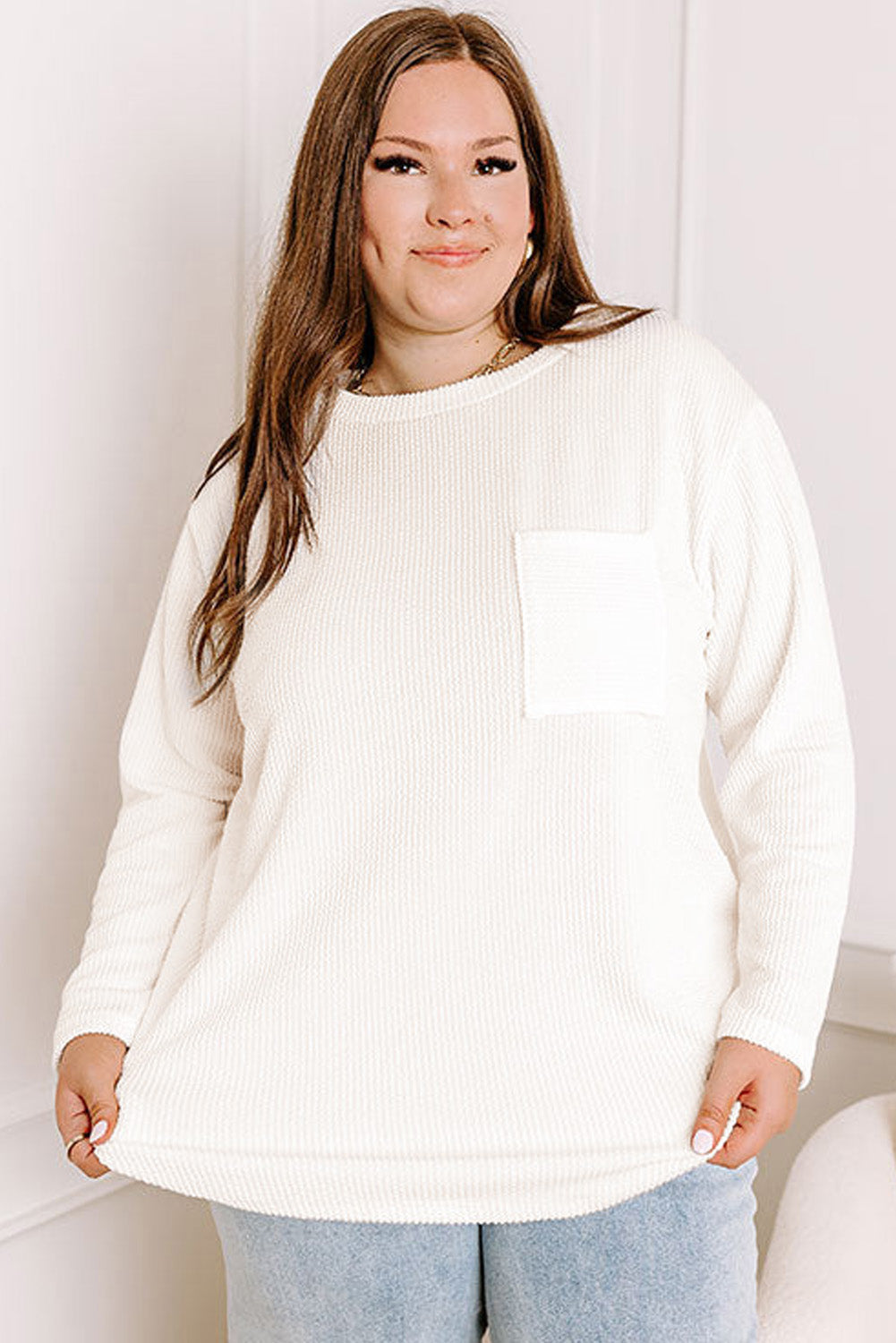 Peach Blossom Plus Size Ribbed Textured Long Sleeve T Shirt