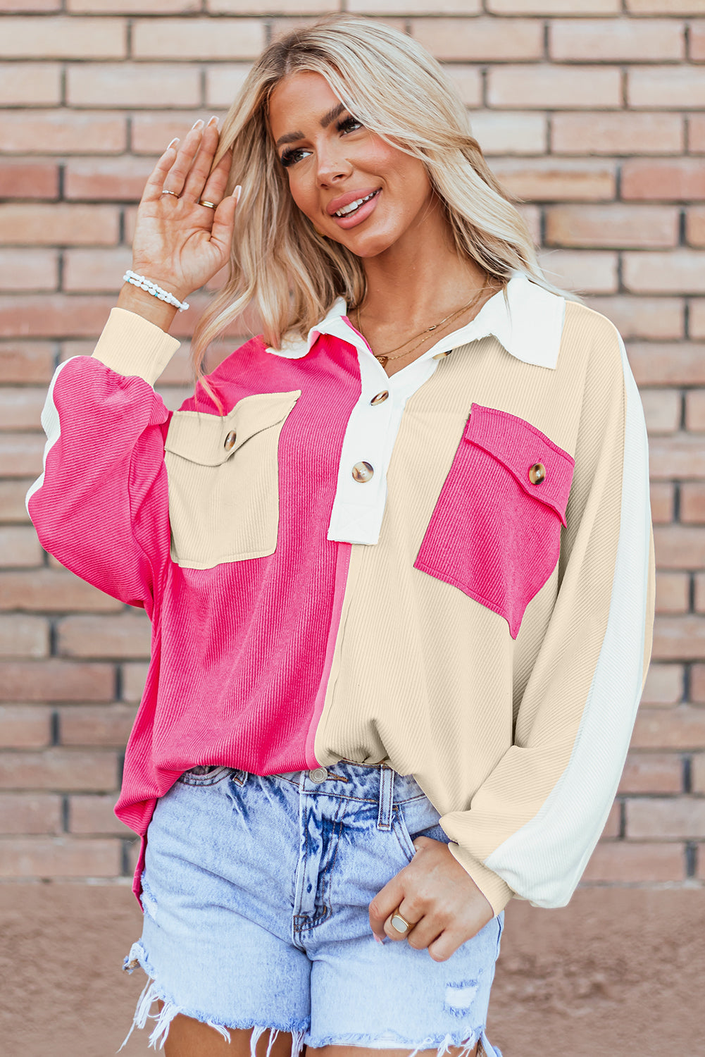 Pink Colorblock Ribbed Collared Oversized Sweatshirt