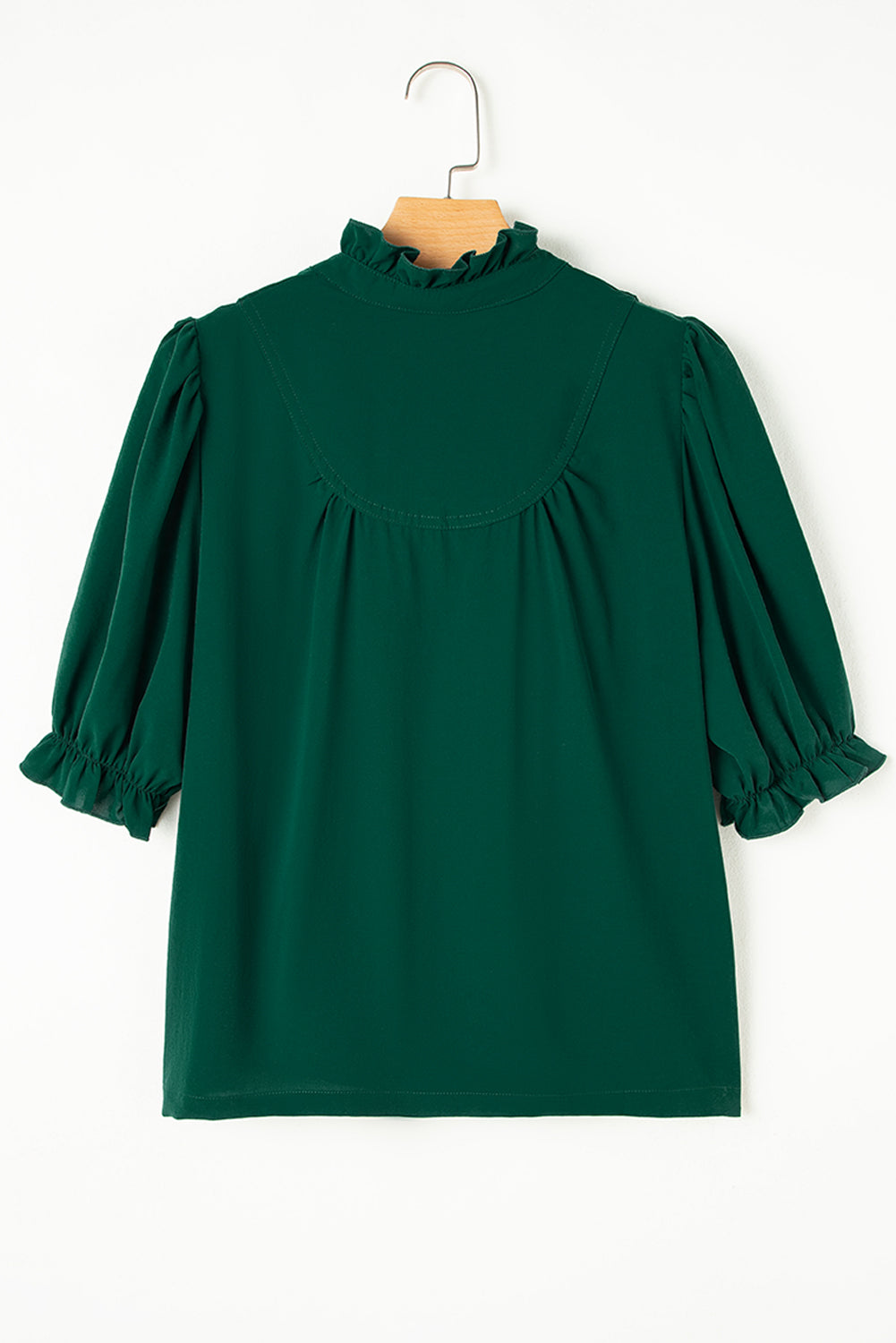 Green Stripe Plaid Puff Sleeve Frilled Trim Elegant Blouse