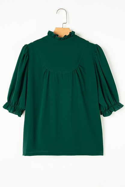 Green Stripe Plaid Puff Sleeve Frilled Trim Elegant Blouse