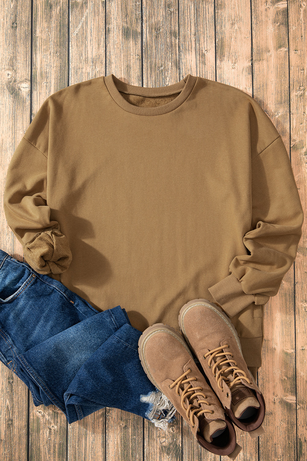 Parchment Solid O Neck High Low Hem Pullover Sweatshirt