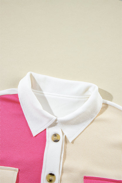 Pink Colorblock Ribbed Collared Oversized Sweatshirt