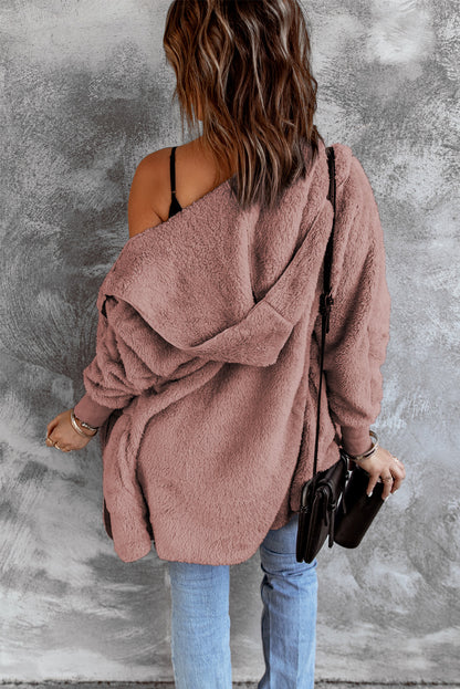 Pink Pink Soft Fleece Hooded Open Front Jacket