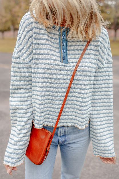 Green Stripe Textured Frilly Trim Buttons Henley Long Sleeve Top