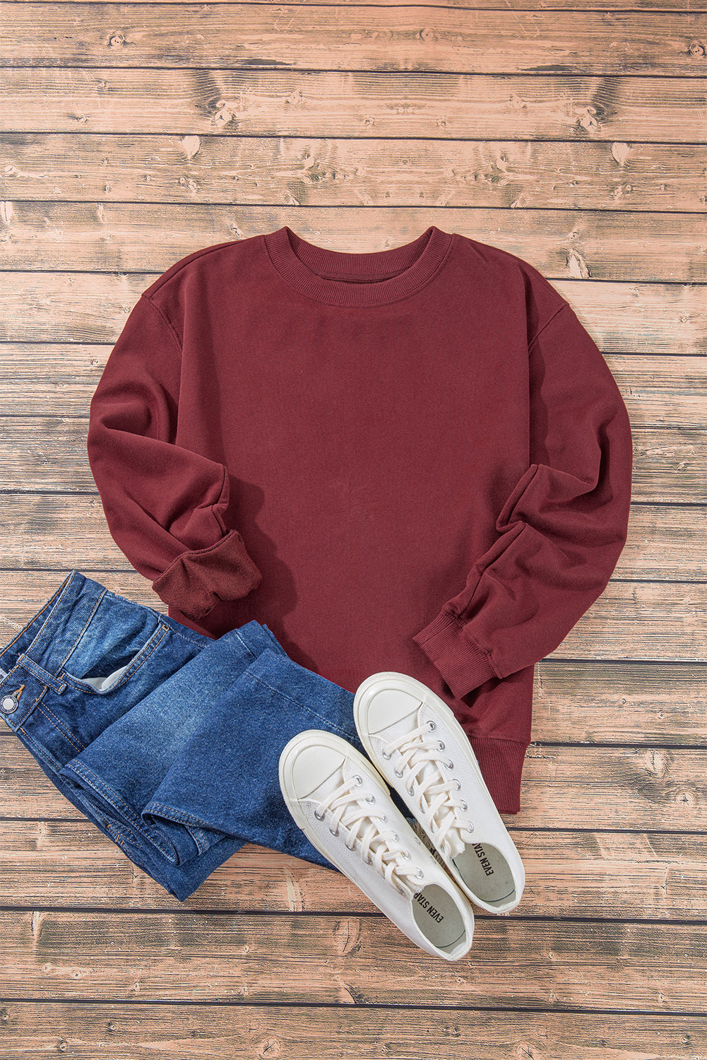 Navy Blue Plain Drop Shoulder Crewneck Pullover Sweatshirt