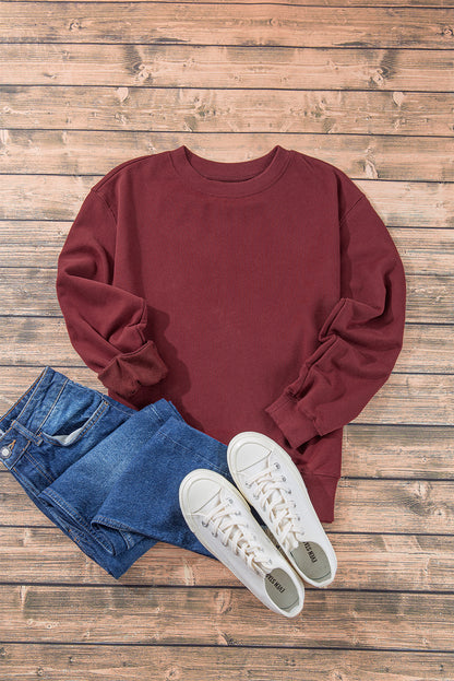 Navy Blue Plain Drop Shoulder Crewneck Pullover Sweatshirt